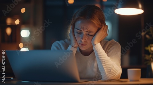 Overwhelmed Woman Working Late at Night on Laptop