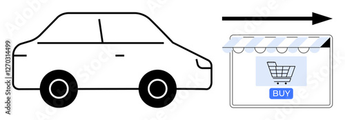 Car icon pointing towards ecommerce store with shopping cart and buy button. Ideal for online car sales, auto e-commerce, digital transactions, modern retail, car buying journey, website shopping