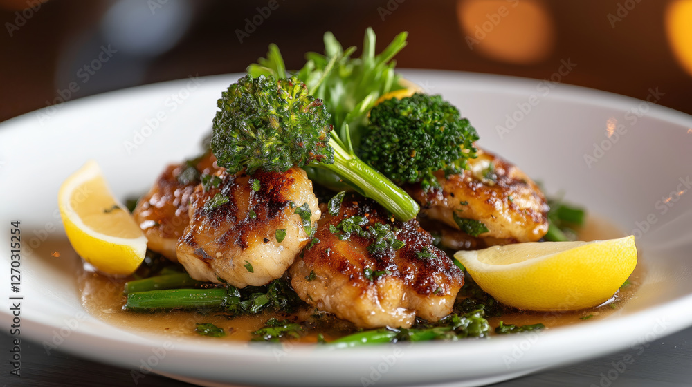 Grilled fish seasoned and served with broccoli, green beans, lemon wedges, and herbs in a light sauce Grilled fish seasoned and served with broccoli, green beans, lemon wedges, and herbs in a light sauce