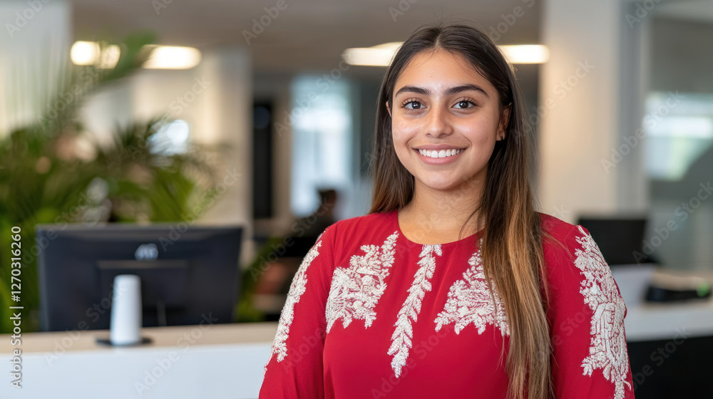 Australian business woman in red dress with white embroidery smiling standing at hotel front desk Australian business woman in red dress with white embroidery smiling standing at hotel front desk