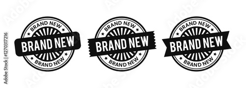 Brand new labels badge set vector design. Circle frame with ribbon and starburst illustrations. For icon, logo, label, seal, tag, sign, seal, symbol, stamp, sticker, emblem