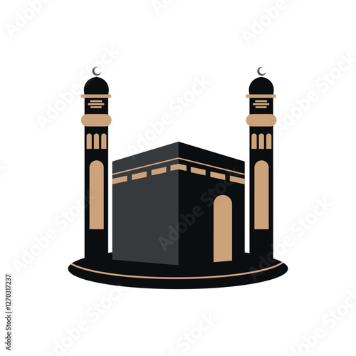 flat design of people prostrating or praying, kaaba, mosque, moon with mosque and kaaba icon elements for islamic holiday greeting