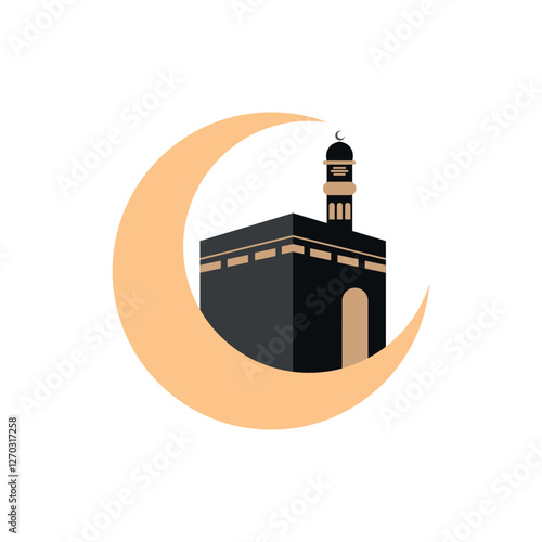 flat design of people prostrating or praying, kaaba, mosque, moon with mosque and kaaba icon elements for islamic holiday greeting