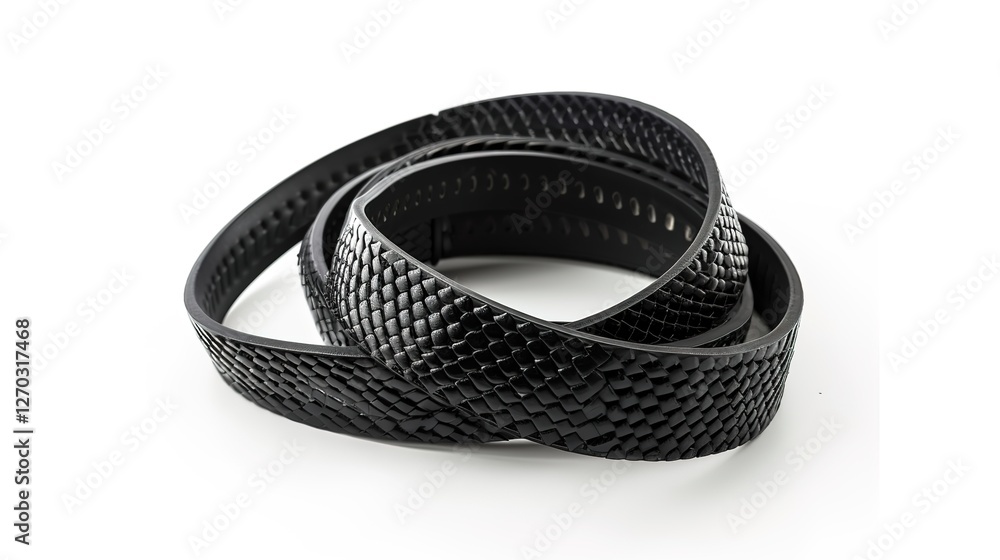 A simple and distinct belt is prominently displayed all alone on a clean, expansive white background. The belt's design, texture, and details are clearly visible, making it a focal point. This unclutt A simple and distinct belt is prominently displayed all alone on a clean, expansive white background. The belt's design, texture, and details are clearly visible, making it a focal point. This unclutt
