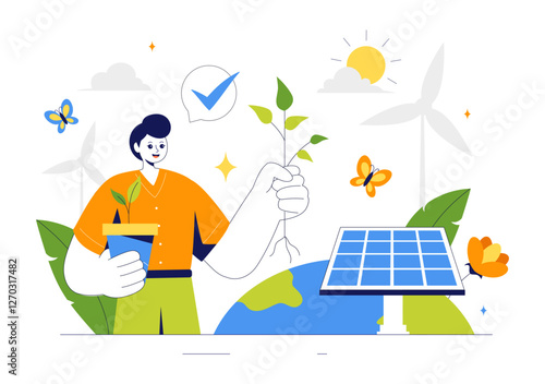 Sustainable Living Vector Illustration featuring Eco Friendly Practices, Wind Turbines Generating Renewable Energy and an Environmentally Green Energy