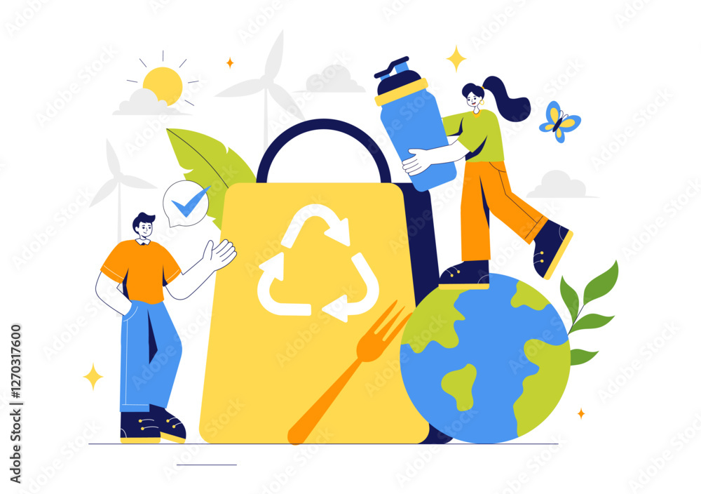 Naklejka premium Sustainable Living Vector Illustration featuring Eco Friendly Practices, Wind Turbines Generating Renewable Energy and an Environmentally Green Energy