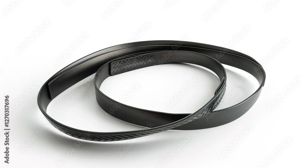 A simple and distinct belt is prominently displayed all alone on a clean, expansive white background. The belt's design, texture, and details are clearly visible, making it a focal point. This unclutt A simple and distinct belt is prominently displayed all alone on a clean, expansive white background. The belt's design, texture, and details are clearly visible, making it a focal point. This unclutt