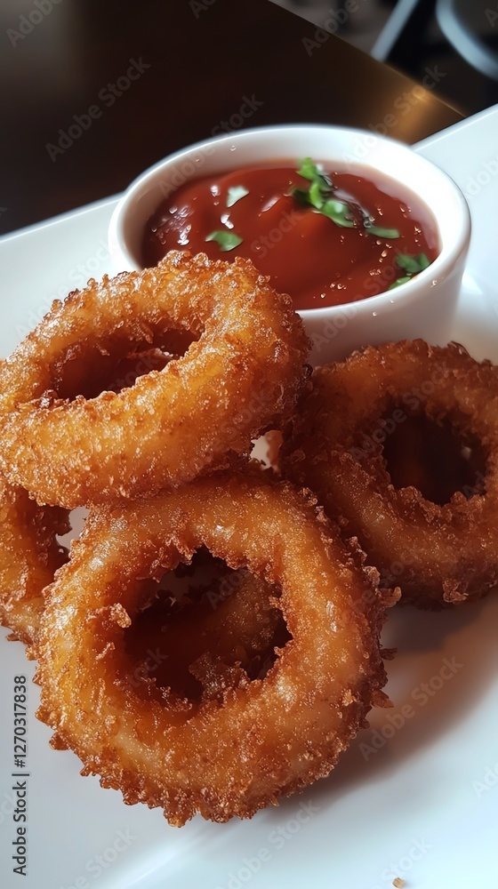 Crispy Onion Rings with Zesty Ketchup: A Golden, Appetizing Dish Crispy Onion Rings with Zesty Ketchup: A Golden, Appetizing Dish