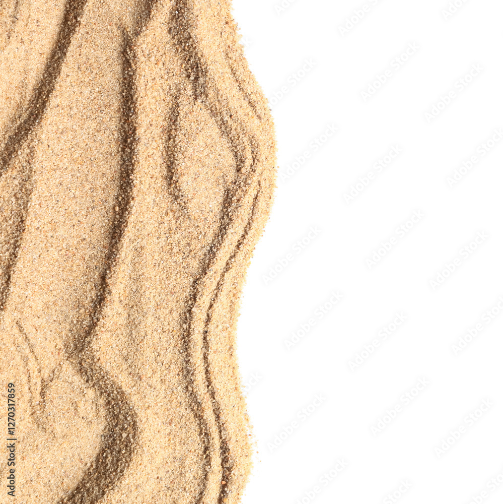 Fototapeta premium Light beach sand with lines on white background. Top view