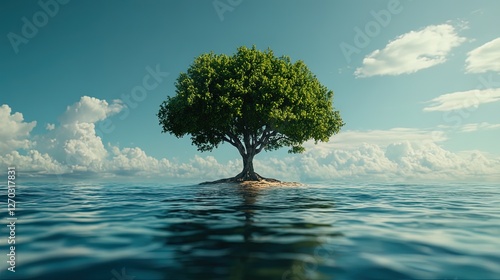 Surreal image of a giant tree growing in the middle of an ocean 