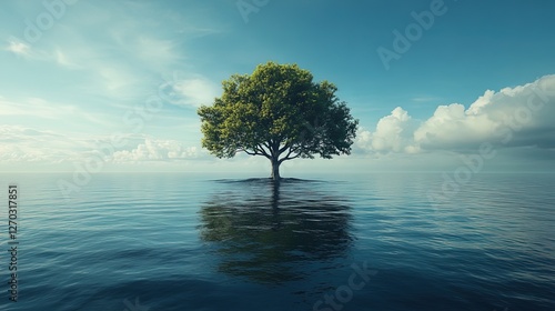 Surreal image of a giant tree growing in the middle of an ocean 
