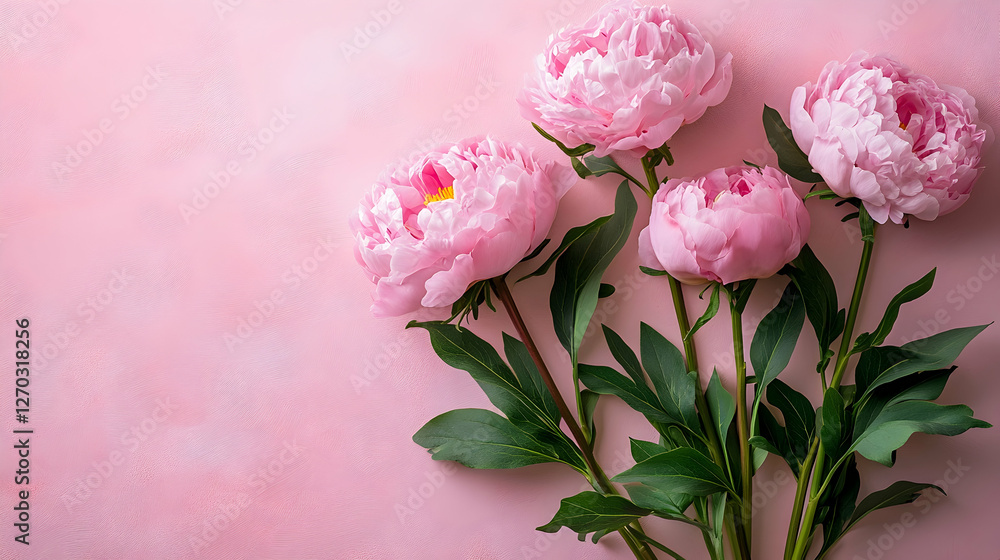 Obraz premium Beautiful Pink Peonies on Soft Pink Background with Green Leaves