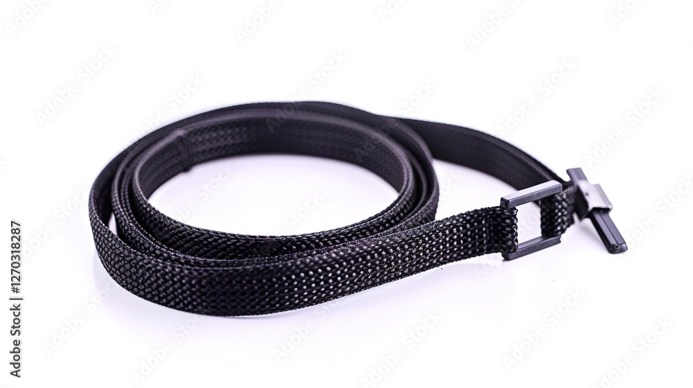 A simple and distinct belt is prominently displayed all alone on a clean, expansive white background. The belt's design, texture, and details are clearly visible, making it a focal point. This unclutt A simple and distinct belt is prominently displayed all alone on a clean, expansive white background. The belt's design, texture, and details are clearly visible, making it a focal point. This unclutt