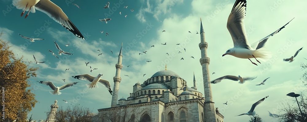 Fototapeta premium Seagulls fly above and around the blue mosque in istanbul