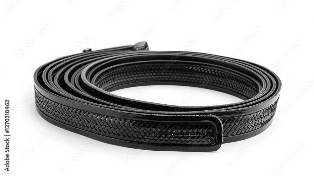 A simple and distinct belt is prominently displayed all alone on a clean, expansive white background. The belt's design, texture, and details are clearly visible, making it a focal point. This unclutt A simple and distinct belt is prominently displayed all alone on a clean, expansive white background. The belt's design, texture, and details are clearly visible, making it a focal point. This unclutt