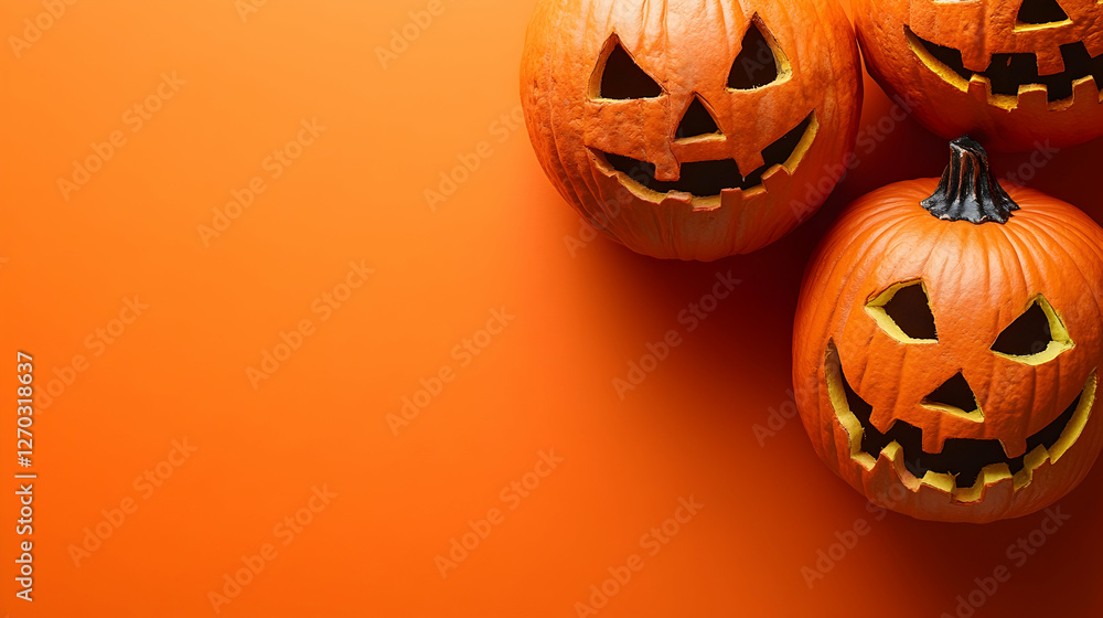 Three Jack-o'-Lanterns on Bright Orange Background for Halloween Decor Three Jack-o'-Lanterns on Bright Orange Background for Halloween Decor