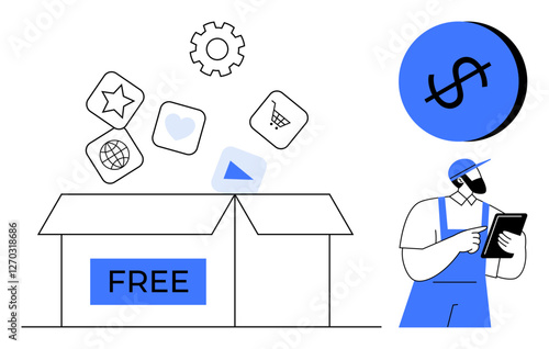 Open box labeled FREE with various digital icons thumbs up star, heart, globe, shopping cart, and play button floating out. Worker holds tablet, dollar sign in blue circle. Ideal for online services