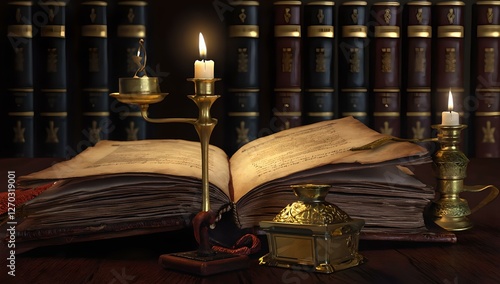 Open Antique Book with Candles and Gold Box in a Library