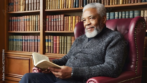 Man Reading a Book in Cozy Library Armchair with Bookshelves