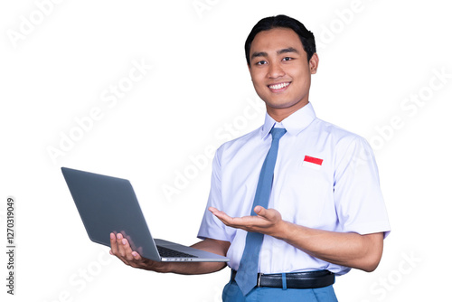 Indonesian Male High School Student in Uniform Smiling While Holding a Laptop Isolated Transparent photo