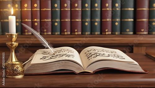 Old Book with Quill and Candlelight on Wooden Table in Library