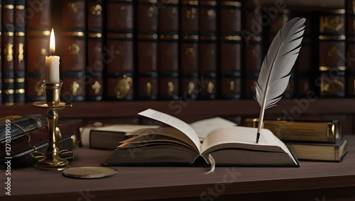 Open Book with Quill and Candle on Wooden Table in Library