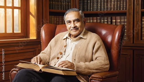 Man Reading Book in Leather Armchair Relaxing at Home Library