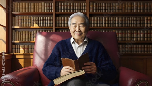 Elderly Man Reading Book Sitting in Library Armchair Portrait