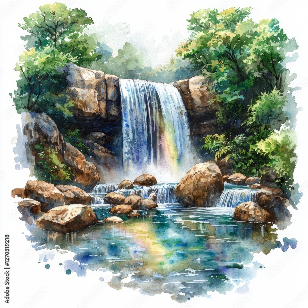 Naklejka premium Watercolor painting of a waterfall tumbling down rocks into a crystal-clear pool, with a rainbow in the mist