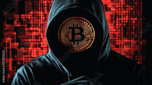 Cyber criminal committing a crime using bitcoin and blockchain technology