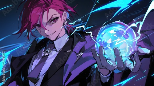A young man with red hair and blue eyes, depicted in an anime style, wears black gloves on his hands and holds a glowing electric ball, Generative AI