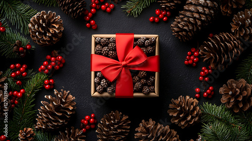 Christmas Gift Box Surrounded by Pinecones and Holly Berries