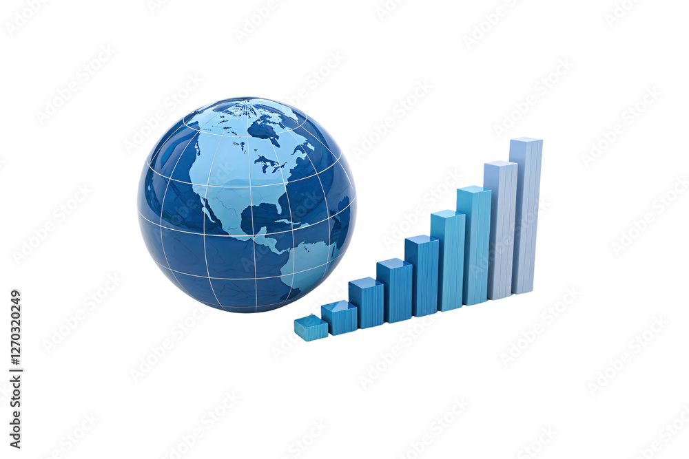 Fototapeta premium A glossy blue globe with longitude and latitude lines beside a rising blue bar chart, symbolizing global economic growth, progress, isolated on a transparent background