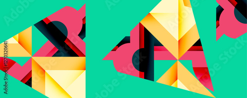 Abstract geometric artwork with interwoven angular and curved shapes, dynamic composition with smooth gradients and bold contrasts