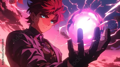 A young man with red hair and blue eyes, depicted in an anime style, wears black gloves on his hands and holds a glowing electric ball, Generative AI