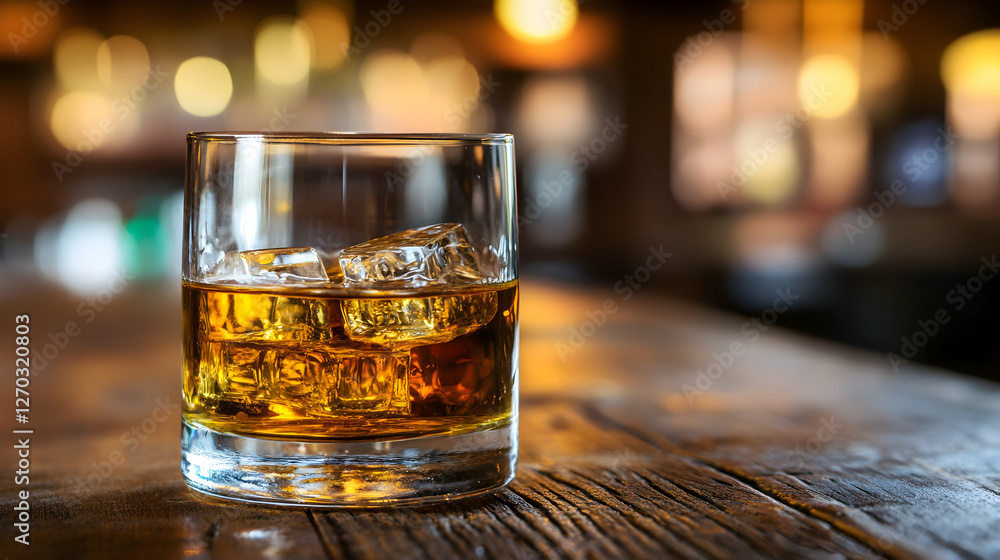Glass of Whiskey with Ice Cubes on Wooden Table in Bar Setting Glass of Whiskey with Ice Cubes on Wooden Table in Bar Setting