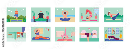 Yoga set illustrations. Flat vector illustrations concept.