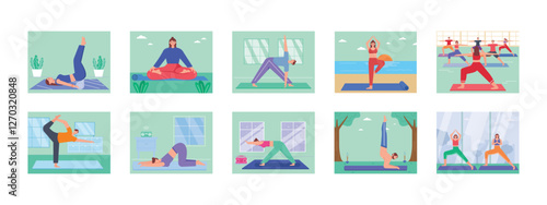 Yoga set illustrations. Flat vector illustrations concept.