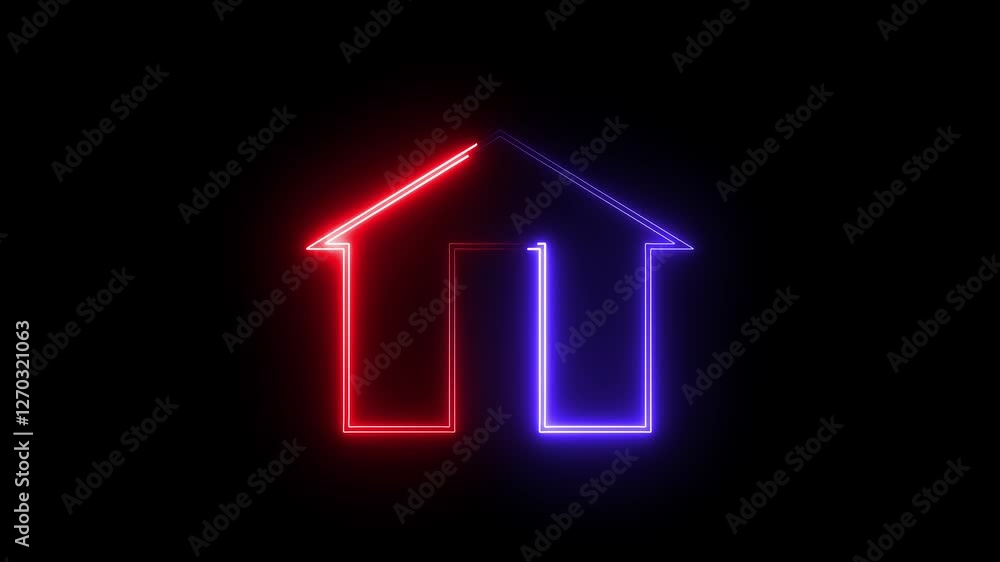 A glowing neon home icon pulses with vibrant colors, smoothly transitioning between shades of blue, pink, and purple, creating a dynamic and modern animated effect. A glowing neon home icon pulses with vibrant colors, smoothly transitioning between shades of blue, pink, and purple, creating a dynamic and modern animated effect.
