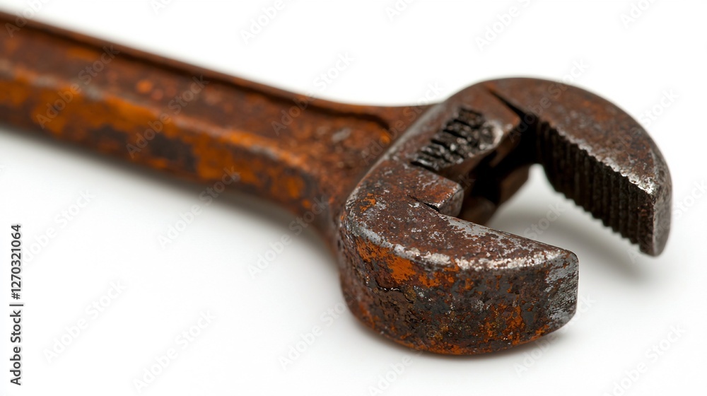 Close Up Horizontal View Of A Rusted Adjustable Wrench Laying Flat on White Close Up Horizontal View Of A Rusted Adjustable Wrench Laying Flat on White