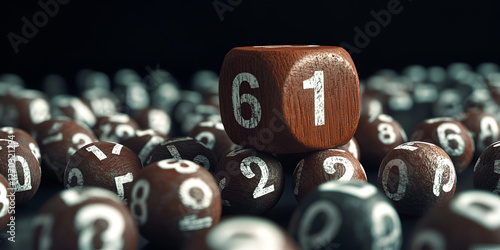 Dice with Number 61: A close-up captures a unique dice arrangement, where a large wooden die displaying '6' and '1' rests atop a pile of smaller dice. photo