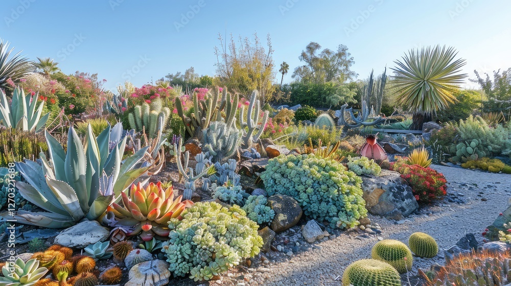 Fototapeta premium Lush Succulent Garden with Diverse Cacti and Succulents in Full Bloom