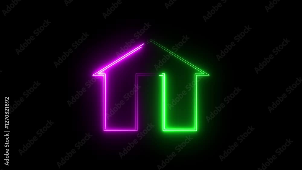 A glowing neon home icon pulses with vibrant colors, smoothly transitioning between shades of blue, pink, and purple, creating a dynamic and modern animated effect. A glowing neon home icon pulses with vibrant colors, smoothly transitioning between shades of blue, pink, and purple, creating a dynamic and modern animated effect.