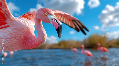 Elegant Pink Flamingo in Flight Over Serene Blue Water Body