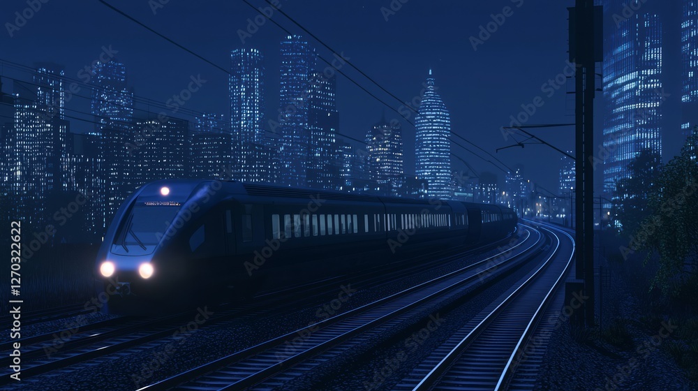 Fototapeta premium Night Train Journey Through City Lights and Urban Landscapes