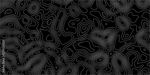 Abstract white on black background with Topographic line map pattern. abstract wavy and curved lines background. linear map. Dark seamless design. Bold tile able isolines pattern. Vector illustration.