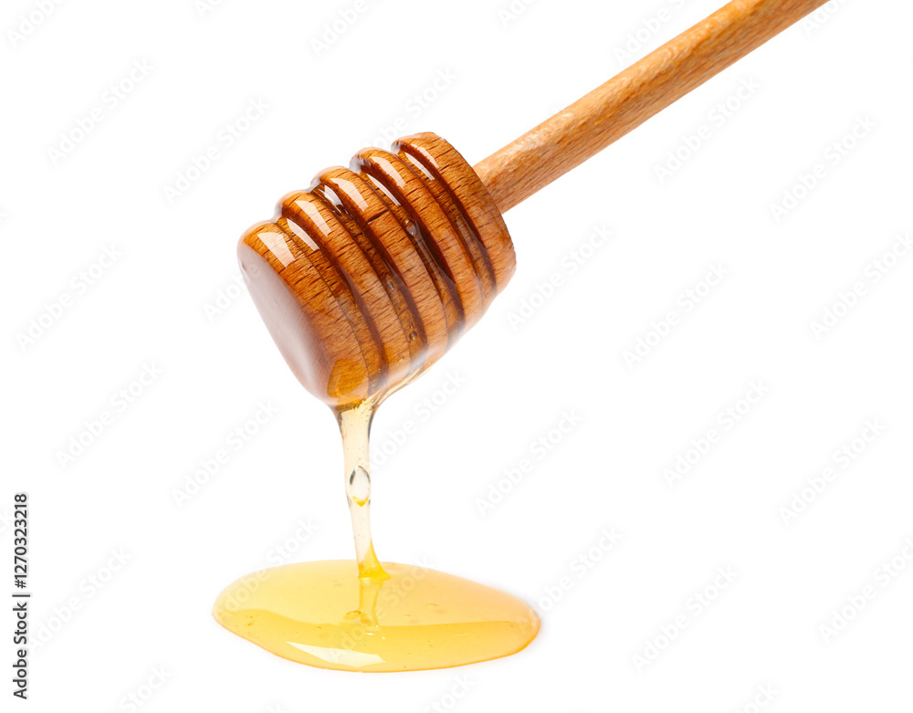 Wooden dipper and spilled honey isolated on white background, closeup Wooden dipper and spilled honey isolated on white background, closeup