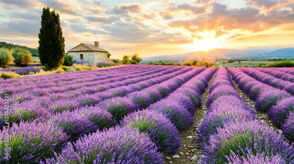 Serene sunset over a picturesque lavender field in Provence, France, with a charming stone house. Ideal for travel, nature, and relaxation themes. Serene sunset over a picturesque lavender field in Provence, France, with a charming stone house. Ideal for travel, nature, and relaxation themes.