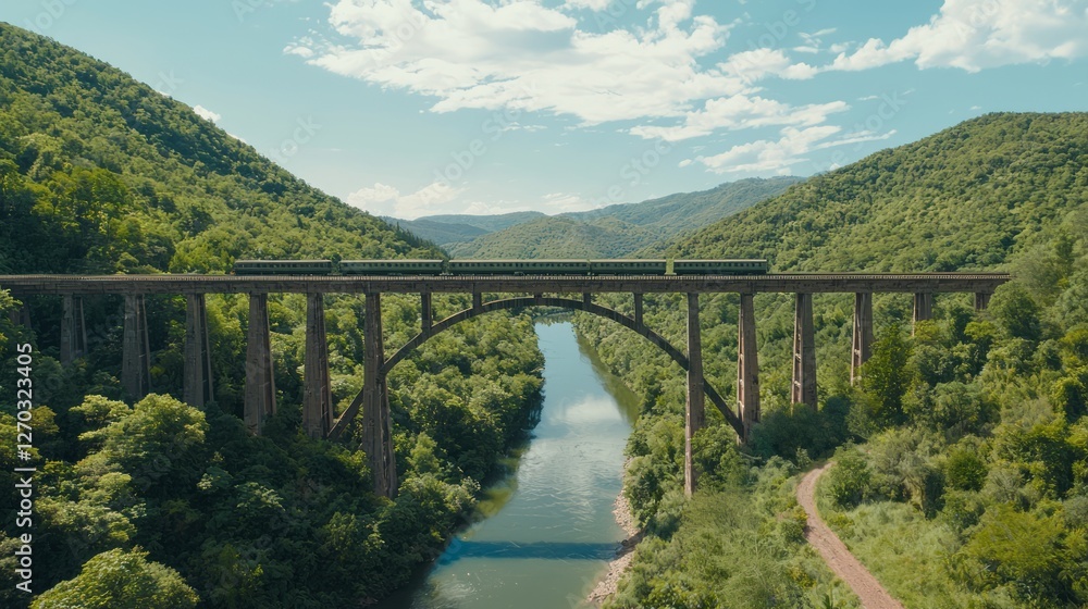 Scenic View of a Train Crossing a Majestic High Bridge Over Water Scenic View of a Train Crossing a Majestic High Bridge Over Water