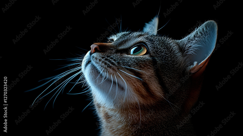 Curious Cat Gazes Upward in Dramatic Light and Shadow Contrast Curious Cat Gazes Upward in Dramatic Light and Shadow Contrast